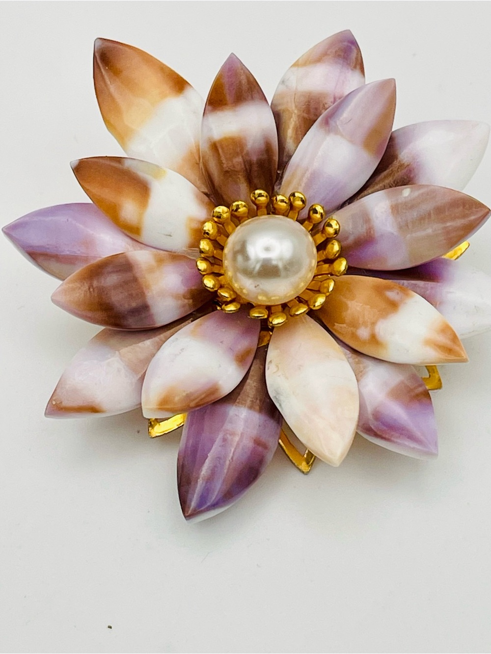 Vintage Japanese Floral Shell Petal Brooch with Pearl Center - Lavender & Peach